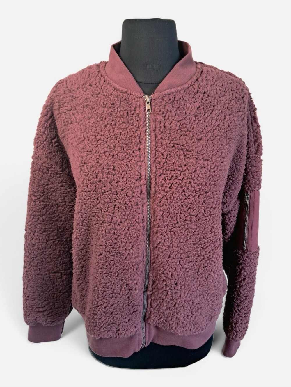 Hippie Rose Plush Plum Faux Fur Sherpa Bomber Jacket Size Large